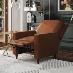 a brown chair sitting on top of a white rug in a living room next to a window