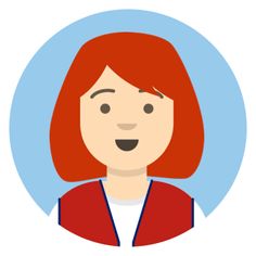 a woman with red hair is smiling in a blue circle on a white background,