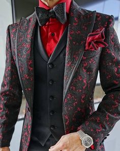 Black And Red Suits Men, Black And Red Tuxedo, Black And Red Tux, Gothic Suits, Masquerade Suit, Red And Black Suit, Black Prom Suits, Red Suits, Black And Red Suit