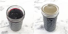 two jars with black liquid in them sitting on a marble counter top next to each other