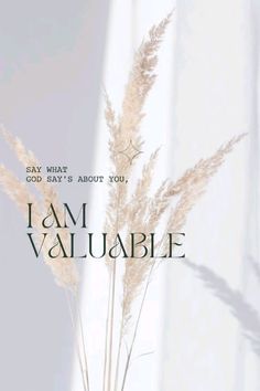 a vase filled with tall dry grass next to a white wall that says, i am valuable