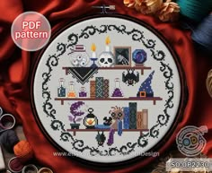 a cross - stitch pattern with the words halloween on it, surrounded by other items