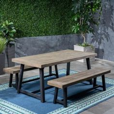 a wooden table with two benches in front of a green wall and potted plant