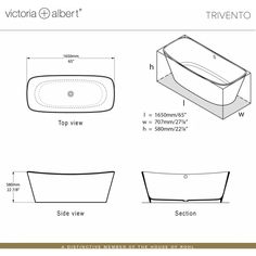 the victoria and albert bathtub is shown with measurements for each tub, including the size