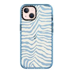 an iphone case with a zebra print on the front and back cover in light blue