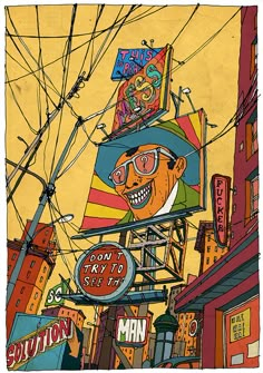 a drawing of a man with glasses and a hat on top of a building in the city