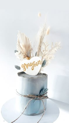 there is a cake that has been decorated with feathers on it and the name morgan