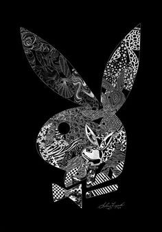 a black and white drawing of a rabbit with patterns on it's body, head, and tail