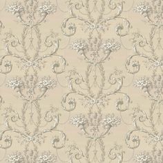 a beige wallpaper with white flowers and vines