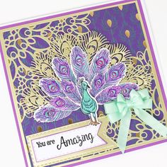 a card with a peacock on it and the words you are amazing written in gold