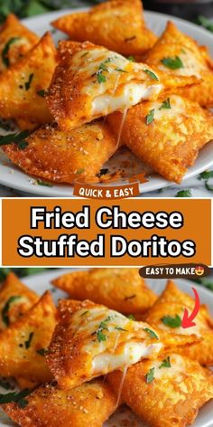 fried cheese stuffed doritos on a white plate with the title overlay that reads quick and easy