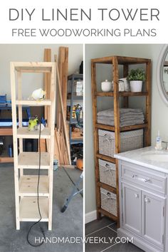 diy linen tower and free woodworking plans for the bathroom or living room from handmade geek