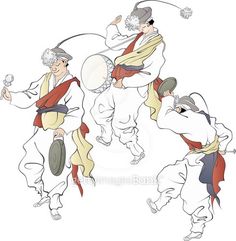 three men in white and red outfits are dancing