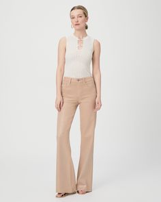 This 90s-inspired sleek wide leg is designed with a high-rise and a flattering bow leg silhouette. It has a glittery, leather-like look, but doesn’t sacrifice comfort. Cut from our coated TRANSCEND denim in a beige and silver glitter ombre luxe coating, this style is luxuriously soft with plenty of stretch and recovery to give it a fit that shines all day and night. | Leenah Wide Leg Jean - Latte/Silver Glitter Ombre Luxe Coating Coat | Size 33 Silver Ombre, Velvet Trousers, Belted Pants, Glitter Ombre, 90s Inspired, Stretch Velvet, Colored Denim, Bottom Clothes, Day And Night