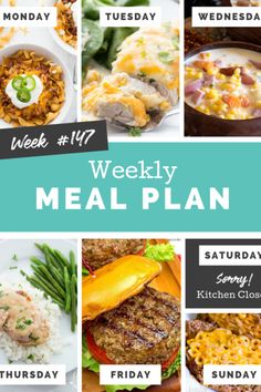 weekly meal plan for the week with pictures of different foods and drinks, including meat