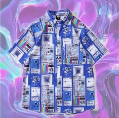 Vaporwave T Shirt Design, Webcore Outfits Aesthetic, Funky Shirts Men, Web Core Outfits, Multicolor Collared T-shirt With Graphic Print, Colorful Retro Shirt With Graphic Print, Purple Collared Top With Graphic Print, Colorful Cotton Short Sleeve Shirt, Retro Purple Cotton Shirt