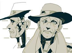 two men wearing hats and scarves are depicted in this cartoon style drawing, one is looking at another man's face