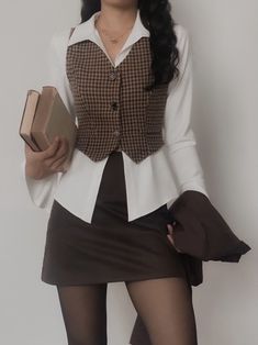 Fancy Outfits With Skirts, Vests With Skirts, Sleeveless Button Up Shirt Outfit, Waist Coat With Skirt, Waistcoat Outfit Skirt, Tight Vest Outfit, Waistcoat With Skirt, Waistcoat And Skirt Outfit, Vest Office Outfit