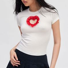 Nwt Kimchi Blue Lace Heart Baby Tee By Urban Outfitters. Red Heart Graphic Top For Spring, Red Tops With Heart Graphic For Spring, Cute Red Tops For Valentine's Day, White Tops With Heart Graphic For Valentine's Day, Cute Fitted Top For Valentine's Day, Trendy Red Top With Heart Print, Fitted White Tops With Heart Graphic, Cute White Top With Heart Graphic, Red Heart Graphic Top For Valentine's Day