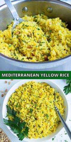 two pictures showing different types of rice in a pan and on the same side, there is