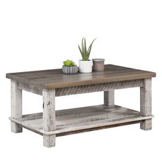 a wooden table with a potted plant on top