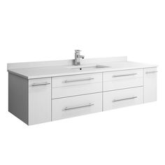 a white bathroom vanity with two sinks and faucet on the top, against a white background