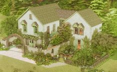 an artist's rendering of a house in the middle of some trees and bushes