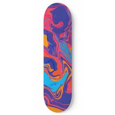 a skateboard with an abstract design on the front and back side, in blue, pink, orange, and yellow