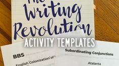 the writing revolution activity templates are on top of two sheets of paper with blue ink