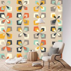 an abstract wallpaper design with geometric shapes in various shades of orange, yellow and blue