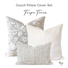 three pillows with different designs on them and the words couch pillow cover set in white