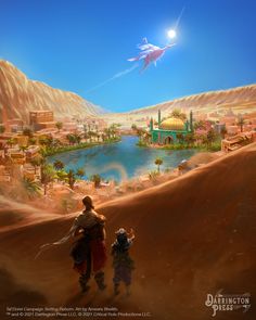 two people are walking in the desert towards a small town with a giant alien flying over them