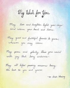 a handwritten poem written in cursive writing on a watercolor background with the words, my wish for you