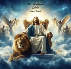 jesus sitting on top of a lion in the clouds