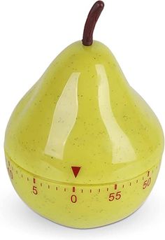 a yellow plastic pear with a measuring tape around it