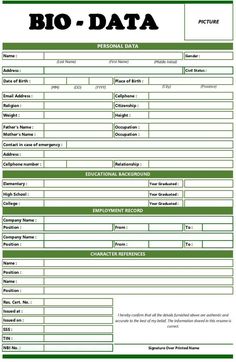 the printable bio data form is shown in green and black, as well as an image