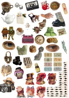 an assortment of different items are arranged in the shape of a collage on a white background