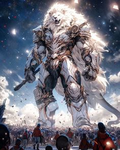 an anime character standing in front of a giant white creature with long horns and claws