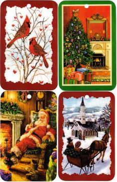 four christmas cards with santa claus, cardinal and other holiday scenes on them in red green and white