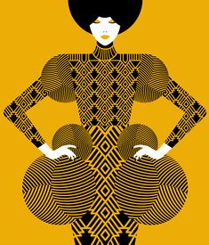 a woman with black hair standing in front of a yellow background wearing an art deco style dress