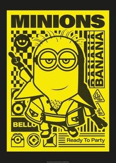 a black and yellow poster with a minion in the center, reading'minionss ready to party '