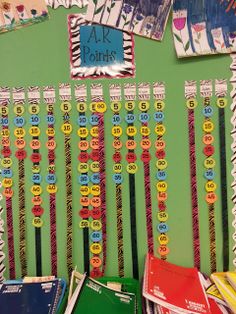 a bulletin board with numbers on it and some books in front of the boards that are numbered