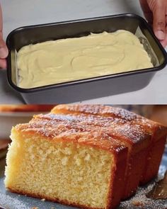 two pictures side by side one has cake and the other has cream cheese