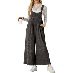 Cueply Women's Fashion Fall Winter Overalls Jumpsuits Casual Sleeveless Wide Leg Long Pants This high-quality fabric ensures superior warmth and comfort in chilly weather. Adjustable suspenders for a personalized fit, stylish wide-leg design, practical pocket layout, and easy maintenance, making them a versatile and appealing choice for women's autumn/winter fashion needs. Stay cozy and chic this fall and winter with our must-have women's warm wide-leg overall pants, designed to effortlessly mat Medium Wash Wide-leg Overalls With Pockets, Winter Overalls, Casual Summer Rompers, Overall Pants, Jumpsuits Casual, Jumpsuit Winter, Rompers Womens Jumpsuit, Pants With Pockets, Bib Overalls