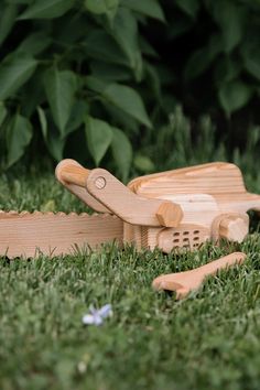 a wooden toy is laying in the grass