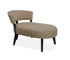 an upholstered chair with wooden legs and a beige fabric seat cushion, viewed from the front