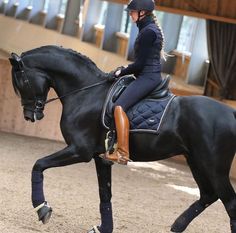 a woman riding on the back of a black horse