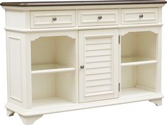 a white cabinet with shutters and drawers on the bottom shelf is shown in front of a white background