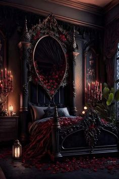 a gothic bedroom with roses on the bed and candles in the window, surrounded by red rose petals