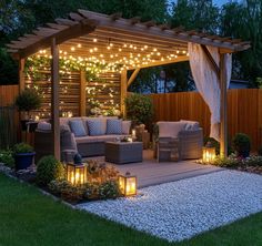 an outdoor living area with patio furniture and string lights on the pergolated roof